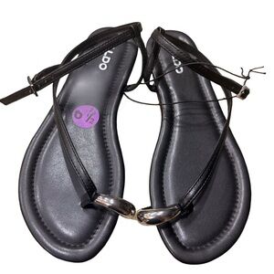 ALDO Black Strappy Flat Sandals Silver Hardware Ankle Strap Women’s 6.5